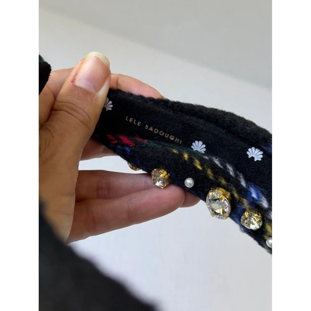 Lele Sadoughi Pearl and Crystal Flannel Knotted Headband Jet Plaid One Size
